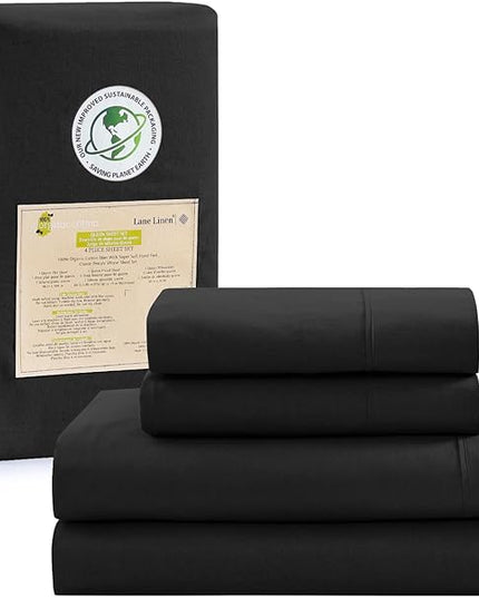 LANE LINEN Queen Size Sheets Set, 100% Organic Cotton Sheet Set, 4 Pc Queen Sheets, Percale Weave, Cooling Sheets Queen Size, Hotel Quality Queen Size Deep Pocket Sheet Sets, Oeko-Tex Sheets - Black - LeafyLoom