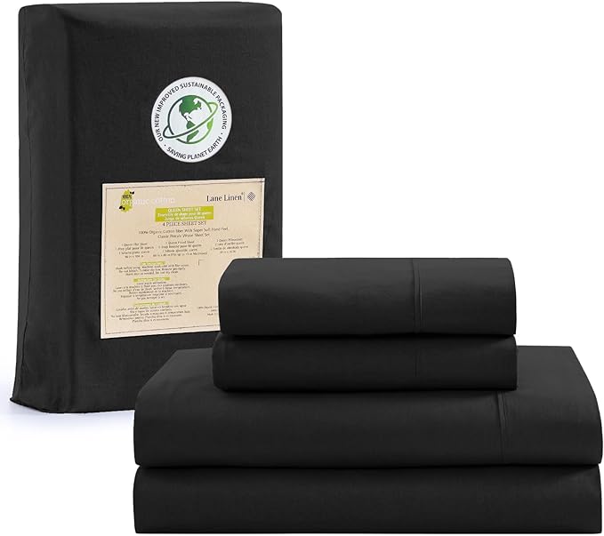LANE LINEN Queen Size Sheets Set, 100% Organic Cotton Sheet Set, 4 Pc Queen Sheets, Percale Weave, Cooling Sheets Queen Size, Hotel Quality Queen Size Deep Pocket Sheet Sets, Oeko-Tex Sheets - Black - LeafyLoom