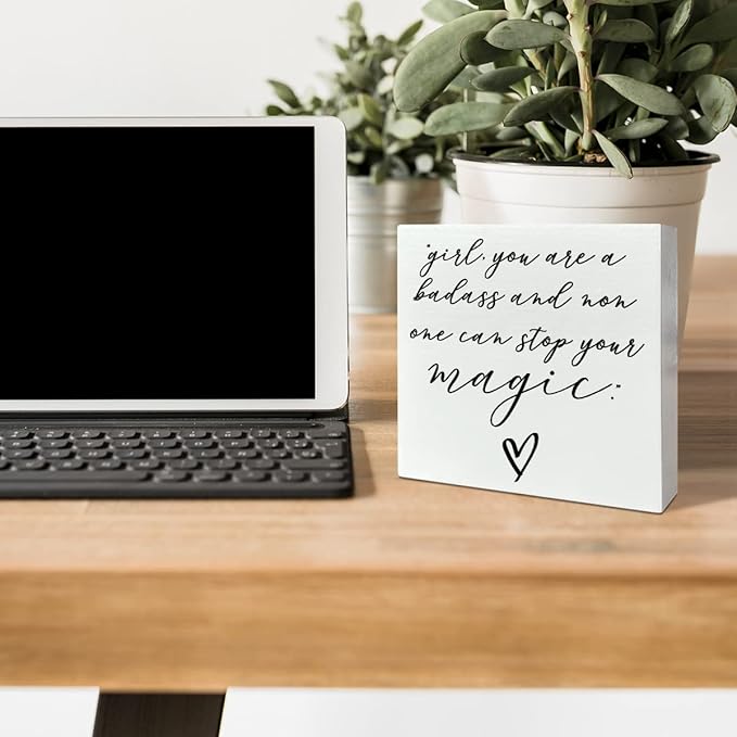 Home Office Desk Wooden Box Sign Decor, Girl Non One Can Stop Your Magic, Inspirational Quotes Desk Decor Motivational Desk Decorations for Women Girls Teens Student Office Classroom School - LeafyLoom