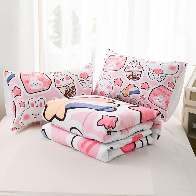 CVHOUSE Kawaii Bedding Full Size,Kawaii Rabbit Bedding Set for Girls Kids,Cute Rabbit Comforter Set Kawaii Rabbit Duvet Set Rabbit Pattren Quilt Set Girls Room Decor 3 Pieces - LeafyLoom