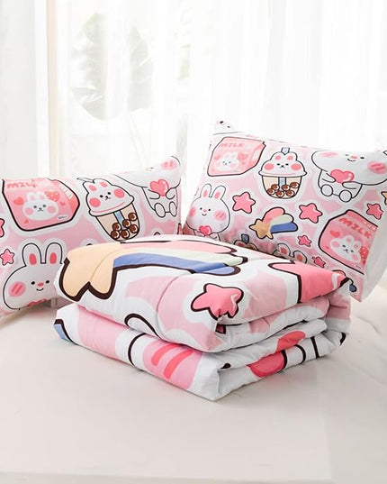 CVHOUSE Kawaii Bedding Queen Size,Kawaii Rabbit Bedding Set for Girls Kids,Cute Rabbit Comforter Set Kawaii Rabbit Duvet Set Rabbit Pattren Quilt Set Girls Room Decor 3 Pieces - LeafyLoom