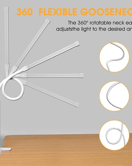 LED Desk lamp with Clamp, Eye-caring Clip on Lights for Home Office, 3 Modes 10 Brightness, Long Flexible Gooseneck,Metal, Swing Arm Architect Task Table Lamps with USB Adapter, White - LeafyLoom