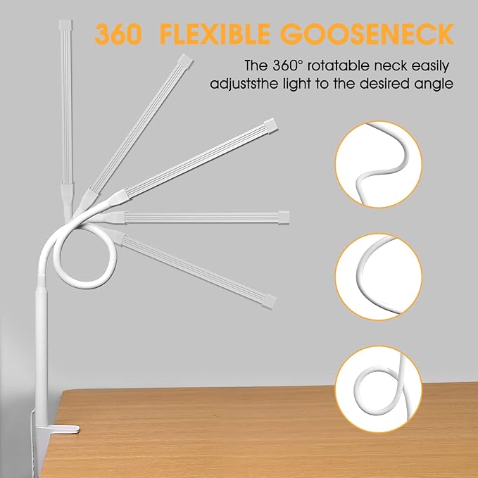 LED Desk lamp with Clamp, Eye-caring Clip on Lights for Home Office, 3 Modes 10 Brightness, Long Flexible Gooseneck,Metal, Swing Arm Architect Task Table Lamps with USB Adapter, White - LeafyLoom