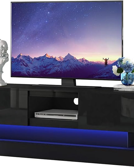 Black TV Stand Modern - TV Stands with Led Lights and Storage Drawers for TVs up to 55 Inch - Gaming TV Entertainment Stand for Living Room, Bedroom - LeafyLoom