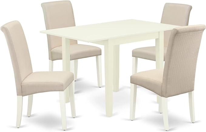 East West Furniture NDBA5-LWH-01 Norden 5 Piece Kitchen Set for 4 Includes a Rectangle Table with Dropleaf and 4 Cream Fabric Parson Dining Chairs, 30x48 Inch, Linen White - LeafyLoom