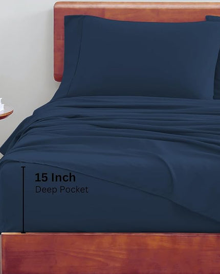 LANE LINEN 100% Organic Cotton Twin Bed Sheet Set, 3 Pc Twin Size Sheet Set, Soft & Breathable Twin Sheet Set Boys, Hotel Style Bedding Sheets & Pillowcases, 15" Deep Twin Fitted Sheet - Estate Blue - LeafyLoom