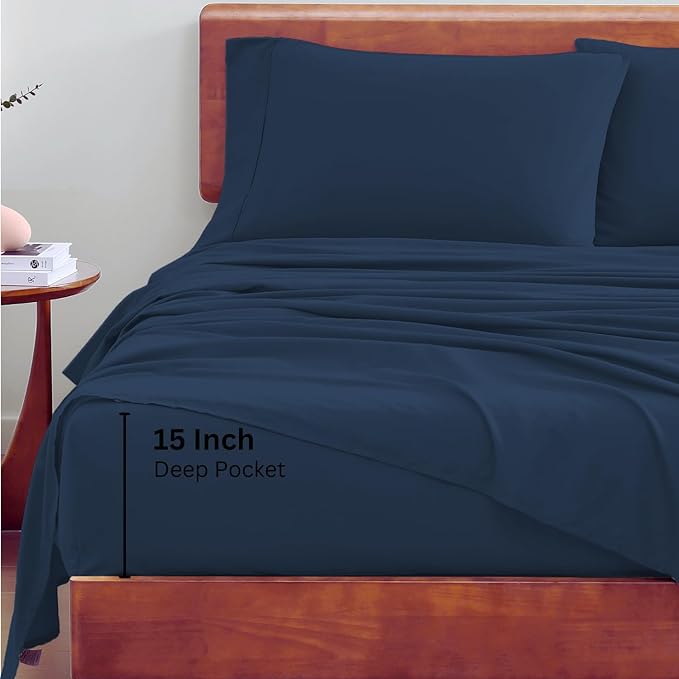 LANE LINEN 100% Organic Cotton Twin Bed Sheet Set, 3 Pc Twin Size Sheet Set, Soft & Breathable Twin Sheet Set Boys, Hotel Style Bedding Sheets & Pillowcases, 15" Deep Twin Fitted Sheet - Estate Blue - LeafyLoom
