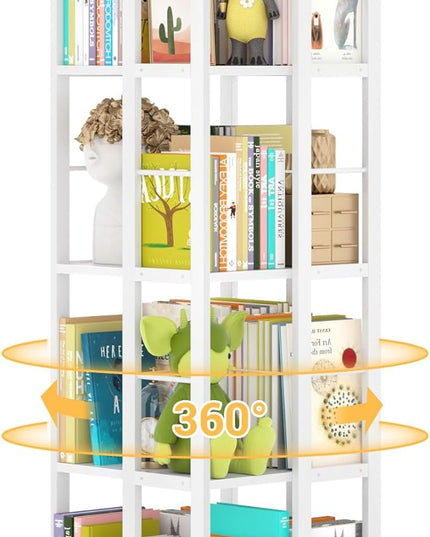 Aheaplus Rotating Bookshelf, Corner Bookshelf, 360 Display Wood Spinning Bookshelf, Floor Standing Bookcase Narrow Shelf Revolving Organizer Storage Rack for Small Space, Bedroom, Study Room, White - LeafyLoom