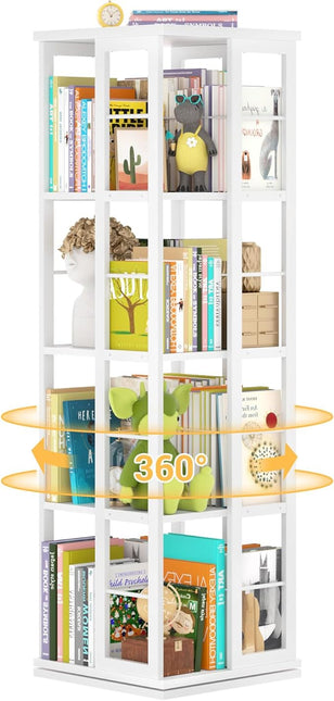 Aheaplus Rotating Bookshelf, Corner Bookshelf, 360 Display Wood Spinning Bookshelf, Floor Standing Bookcase Narrow Shelf Revolving Organizer Storage Rack for Small Space, Bedroom, Study Room, White - LeafyLoom