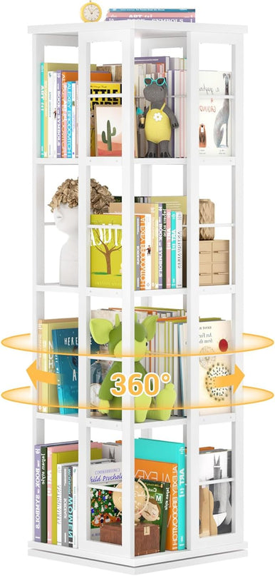 Aheaplus Rotating Bookshelf, Corner Bookshelf, 360 Display Wood Spinning Bookshelf, Floor Standing Bookcase Narrow Shelf Revolving Organizer Storage Rack for Small Space, Bedroom, Study Room, White - LeafyLoom