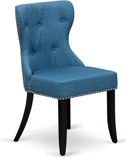 East West Furniture SIP1T21 Sion Parson Dining Room Button Tufted Nailhead Trim Blue Linen Fabric Upholstered Chairs, Set of 2, Black - LeafyLoom