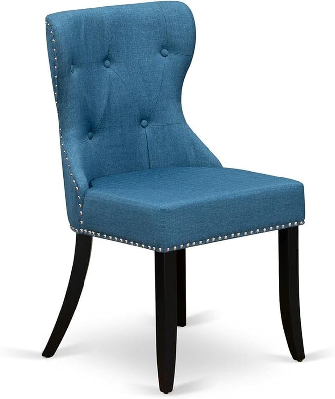 East West Furniture SIP1T21 Sion Parson Dining Room Button Tufted Nailhead Trim Blue Linen Fabric Upholstered Chairs, Set of 2, Black - LeafyLoom