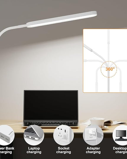 SKYLEO Desk Lamp - 33.5" Desk Light - Flexible Gooseneck - 5 Color Modes X 11 Brightness Levels - 1300LM - Timmer & Memory Function - 12W Clip on Light - White - LeafyLoom
