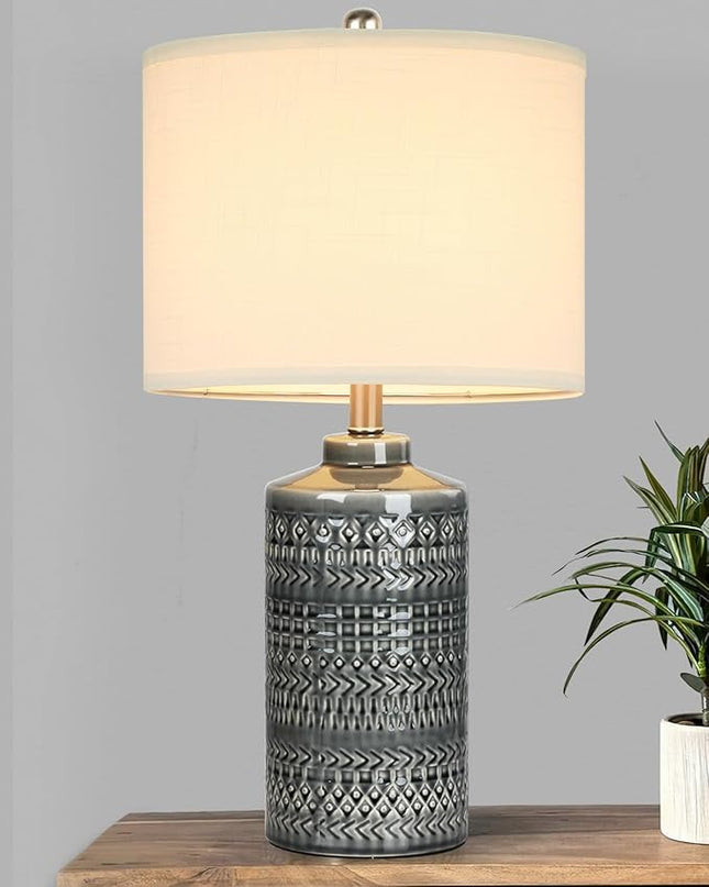 Modern Ceramic Table Lamp, 24.5" Living Room Lamps 3-Way Dimmable Gray Nightstand Lamp with White Shade|Tall Bedside Lamp Desk Decor Lamps for Bedrooms Farmhouse Office End Table Lamps(Bulb Included) - LeafyLoom