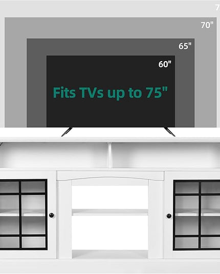 YITAHOME White TV Stand for 75/65 Inch TVs, 32'' Tall Mid Century Modern TV Cabinet with Adjustable Shelves and Glass Doors, Modern Entertainment Center TV Media Console Table for Living Room - LeafyLoom