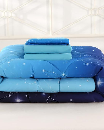 Wowelife Glitter Bedding Set Full Size 5 Pieces Galaxy Comforter Set Blue 3D Galaxy Kids Comforter Sets Lightweight with Comforter, Flat Sheet, Fitted Sheet and 2 Pillowcases - LeafyLoom