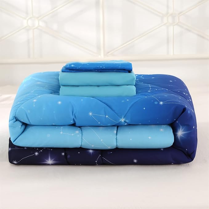 Wowelife Glitter Bedding Set Full Size 5 Pieces Galaxy Comforter Set Blue 3D Galaxy Kids Comforter Sets Lightweight with Comforter, Flat Sheet, Fitted Sheet and 2 Pillowcases - LeafyLoom