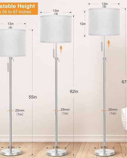 Brushed Nickel Floor Lamp for Living Room, Adjustable Height Standing Lamp with Metal Base, Tall Pole Light with Grey Shade for Bedroom, 8W 4000K 3-Way LED Bulb Included (Brushed Nickel, Grey Shade) - LeafyLoom