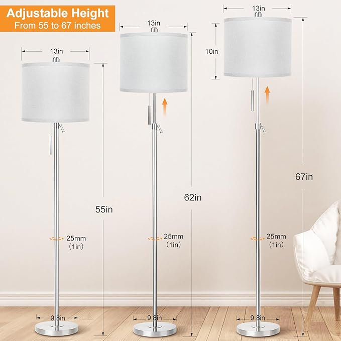 Brushed Nickel Floor Lamp for Living Room, Adjustable Height Standing Lamp with Metal Base, Tall Pole Light with Grey Shade for Bedroom, 8W 4000K 3-Way LED Bulb Included (Brushed Nickel, Grey Shade) - LeafyLoom