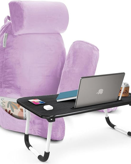 Clara Clark Reading Pillow with Portable Lap Desk for laptop Set, Back Pillow for Sitting Up in Bed, Memory Foam Back Support Pillow, Bed Rest Pillow with Foldable Laptop Desk, Large - Lavender - LeafyLoom