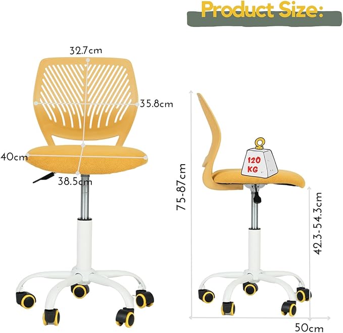 FurnitureR Writing Task Chair for Teens Boys Girls 360 Rolling Wheels Fabric Soft Pad Seat Breathable Backrest, Height Adjustable Liftup 29.5"-34.3", Lime Yellow - LeafyLoom