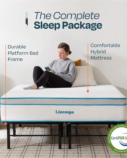 Linenspa 12” Memory Foam and Innerspring Hybrid Mattress + 14” Black Metal Platform Bedframe – Full Mattress + Metal Folding Full Bedframe - LeafyLoom