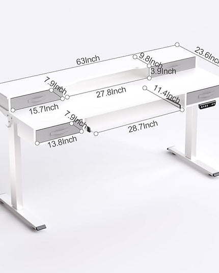 Electric Standing Desk, Multifunctional Standing Desk Adjustable Height, 63 * 24 Standing Desk with 4 Drawers, Ergonomic Adjustable Standing Desk with Keyboard Tray, Snow White - LeafyLoom