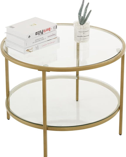 VINGLI Glass Coffee Table, 25.6" Round Champagne Gold Coffee Tables for Living Room, 2-Tier Glass Top Coffee Table with Storage Clear Coffee Table, Simple & Modern Center Table for Small Space - LeafyLoom