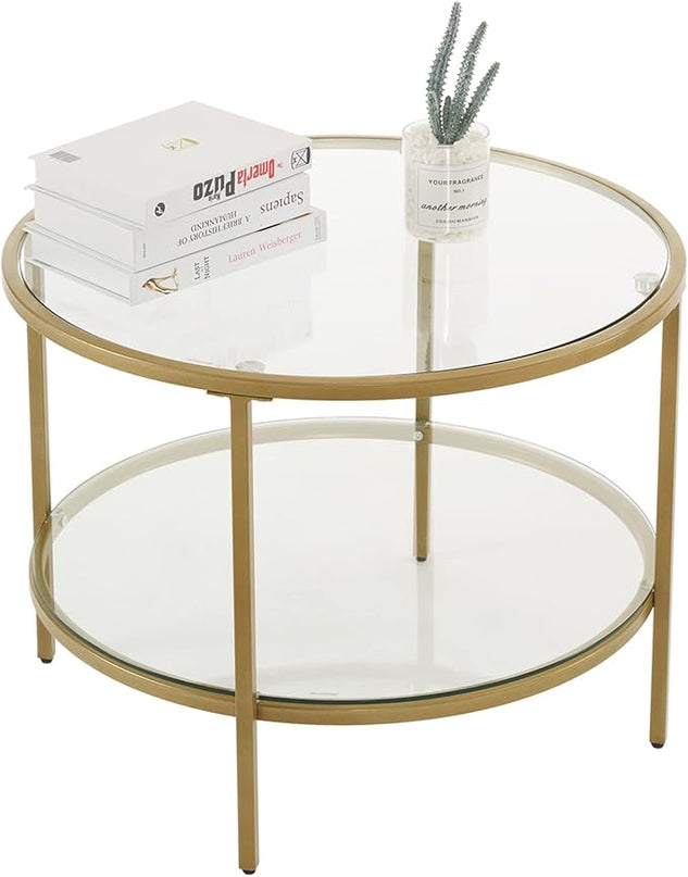 VINGLI Glass Coffee Table, 25.6" Round Champagne Gold Coffee Tables for Living Room, 2-Tier Glass Top Coffee Table with Storage Clear Coffee Table, Simple & Modern Center Table for Small Space - LeafyLoom