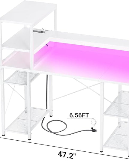 Cyclysio Gaming Desk with LED Light, 47 inch Computer Desk with Storage Shelves, Adjustable Home Office Desk with Power Outlets, Computer Gaming Desk with Long Monitor Stand for Small Space, White - LeafyLoom