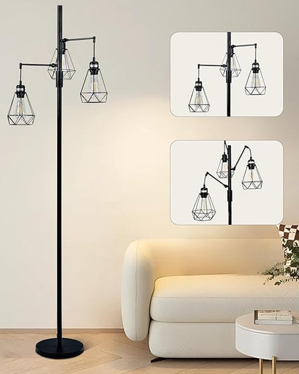 Dimmable Floor Lamp,Industrial Tree Floor Lamp with 3 Birdcage Hanging Cage Heads Up-Down Adjustment Branch Strong Base 69‘‘Tall Vintage Pole Light Great for Farmhouse Rustic Bedroom Office - LeafyLoom