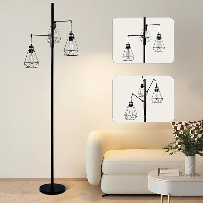 Dimmable Floor Lamp,Industrial Tree Floor Lamp with 3 Birdcage Hanging Cage Heads Up-Down Adjustment Branch Strong Base 69‘‘Tall Vintage Pole Light Great for Farmhouse Rustic Bedroom Office - LeafyLoom