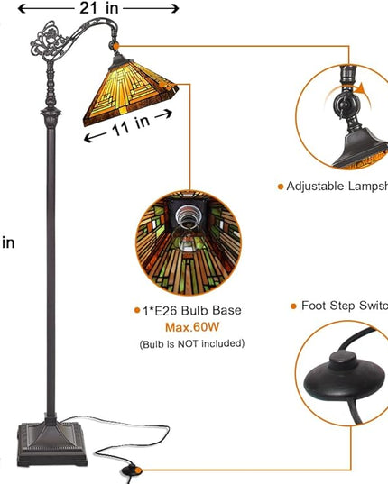 Capulina Tiffany Floor Lamp H62 Tall Antique Mission Style Stained Glass Soft Light Arched Gooseneck Adjustable Angle Reading Lamp for Living Room Bedroom - LeafyLoom