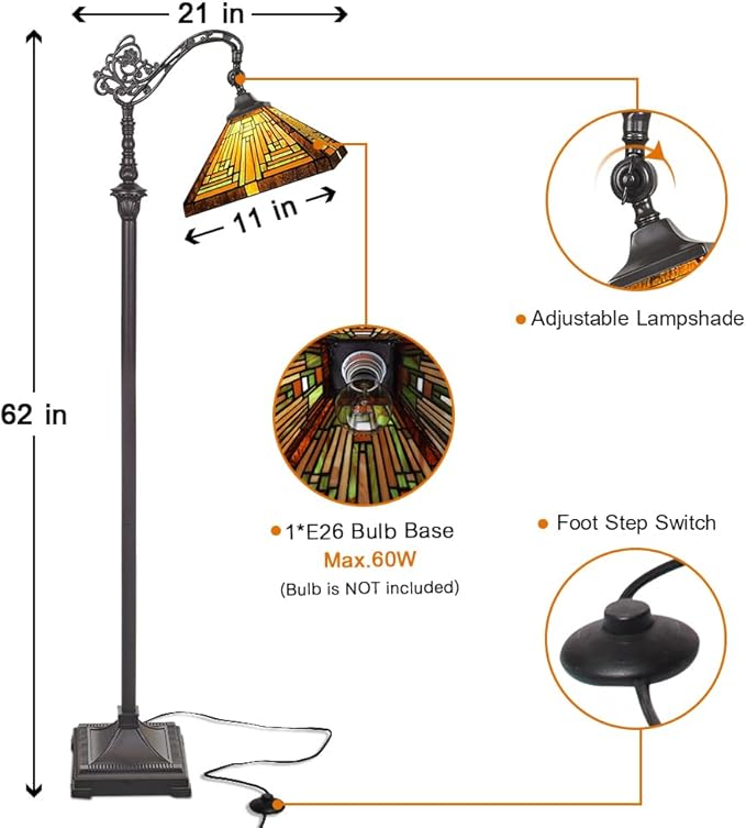 Capulina Tiffany Floor Lamp H62 Tall Antique Mission Style Stained Glass Soft Light Arched Gooseneck Adjustable Angle Reading Lamp for Living Room Bedroom - LeafyLoom