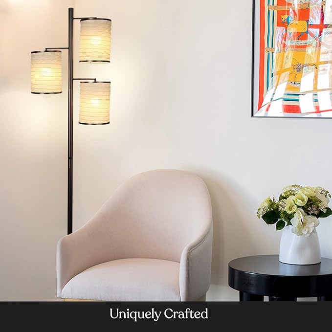 Brightech Liam Floor Lamp, Great Living Room Décor, Tall Tree Lamp for Offices, Asian Lantern Shade Lamp for Living Rooms, Standing Lamp with 3 LED Light Bulbs for Bedroom Reading - Bronze - LeafyLoom