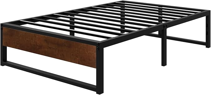 SHA CERLIN 14'' Twin Size Metal Platform Bed Frame with Rustic Wood & Reverse Holes/Ample Under-Bed Storage Space/Mattress Foundation/No Box Spring Needed/Easy Assembly - LeafyLoom