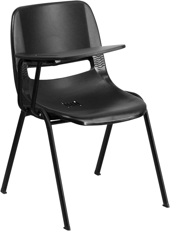Flash Furniture HERCULES Black Ergonomic Shell Chair with Right Handed Flip-Up Tablet Arm - LeafyLoom