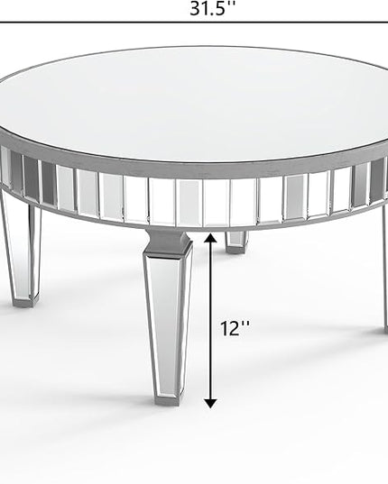 Mirrored Coffee Table - Round Glass Coffee Table with Highly Reflective Mirror - Retro Style - Easy Assembly - Traditional Silver Frame - 31.5 Inch Diameter - Ideal for Living Room - LeafyLoom