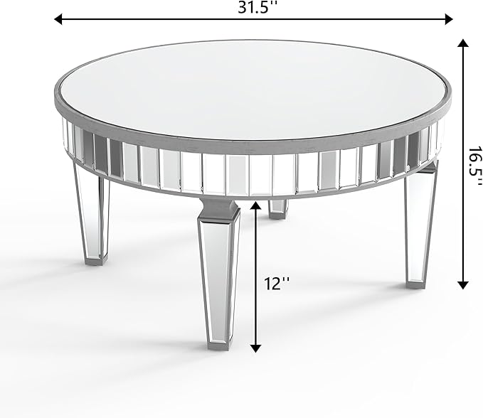 Mirrored Coffee Table - Round Glass Coffee Table with Highly Reflective Mirror - Retro Style - Easy Assembly - Traditional Silver Frame - 31.5 Inch Diameter - Ideal for Living Room - LeafyLoom