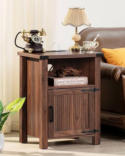 Night Stand Set of 2, 18 Inch Farmhouse Nightstand with with Charging Station and USB Port, Rustic Wood Bedside Table with Magnetic Door, Bed Side Tables for Bedroom, Brown Walnut - LeafyLoom