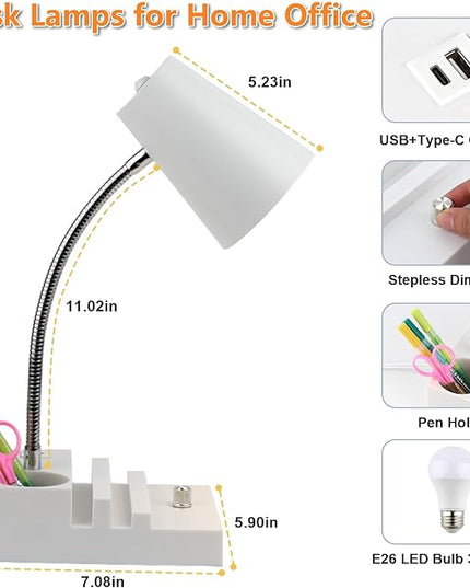 Study Desk Lamp with USB Charging and Type-C Night Light, Gooseneck LED Table Lamp Stepless Dimming Study Table Lamp with Pen Holder for College Dorm Bedroom and Office (White) - LeafyLoom