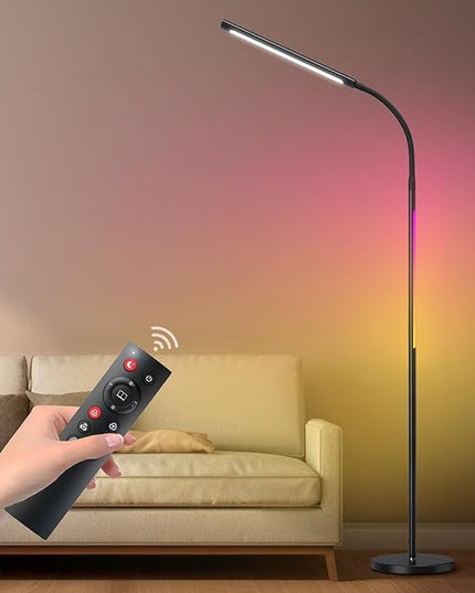 LED Floor Lamp,15W Dimmable Bright Reading & RGB Atmosphere Light,4 Color Temperatures,Remote and Touch Control,Music Sync,Adjustable Gooseneck Standing Task Lamp for Living Room Bedroom - LeafyLoom