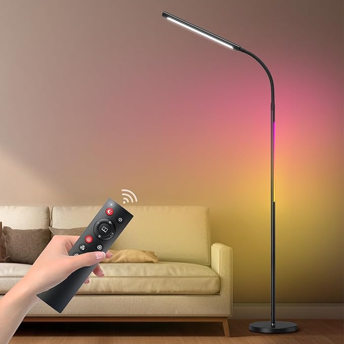 LED Floor Lamp,15W Dimmable Bright Reading & RGB Atmosphere Light,4 Color Temperatures,Remote and Touch Control,Music Sync,Adjustable Gooseneck Standing Task Lamp for Living Room Bedroom - LeafyLoom