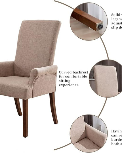 Dining Room Chairs with Arms,Tufted Upholstered High Back Nailed Trim with Untique Oak Wood Legs for Kitchen Restaurant Room Bedroom (Ivory Brown, SingleA) - LeafyLoom
