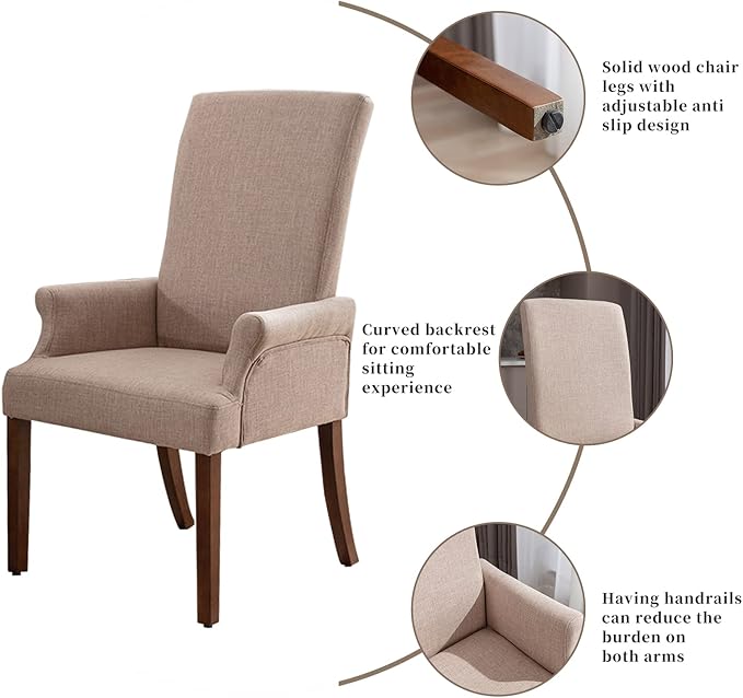 Dining Room Chairs with Arms,Tufted Upholstered High Back Nailed Trim with Untique Oak Wood Legs for Kitchen Restaurant Room Bedroom (Ivory Brown, SingleA) - LeafyLoom
