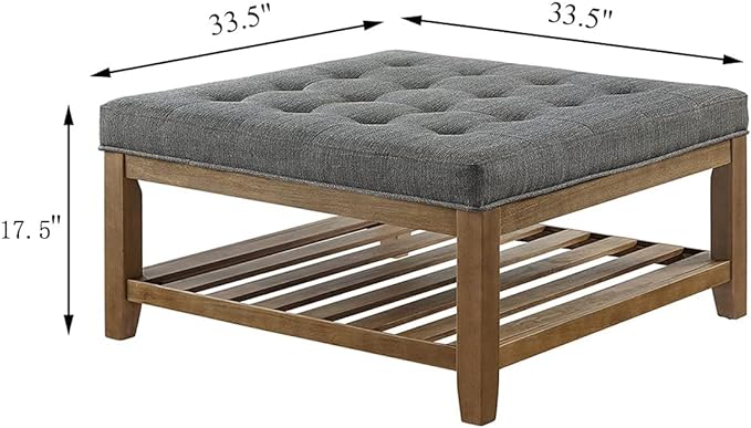 24KF Large Square Upholstered Tufted Linen Ottoman Coffee Table, Large Footrest Ottoman with Solid Wood Shelf-Granite - LeafyLoom