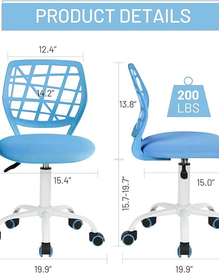 FurnitureR Kids Desk Chair, Small Office Chair Armless Adjsutable Swivel Task Chair with Soft Cushion for Study Kids Teens Child, Blue - LeafyLoom