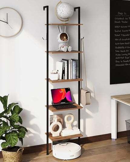 Industrial Bookshelf Wall Mounted 5-Tiers Ladder Shelf Wooden and Metal Narrow Thin Bookshelf Open Display Storage Rack for Living Room Bedroom Home Office (Rustic Brown, Small) - LeafyLoom