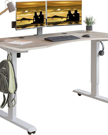 Adjustable Height Electric Standing Desk - 55 x 30 Inch Sit Stand Computer Desk with Splice Board, Stand Up Desk Table for Home Office, White Frame/Oak Top(with Radian) - LeafyLoom