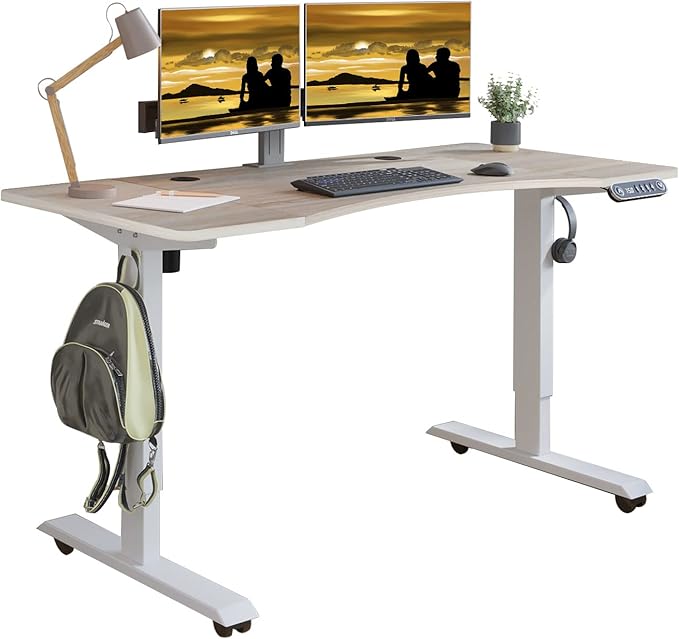 Adjustable Height Electric Standing Desk - 55 x 30 Inch Sit Stand Computer Desk with Splice Board, Stand Up Desk Table for Home Office, White Frame/Oak Top(with Radian) - LeafyLoom